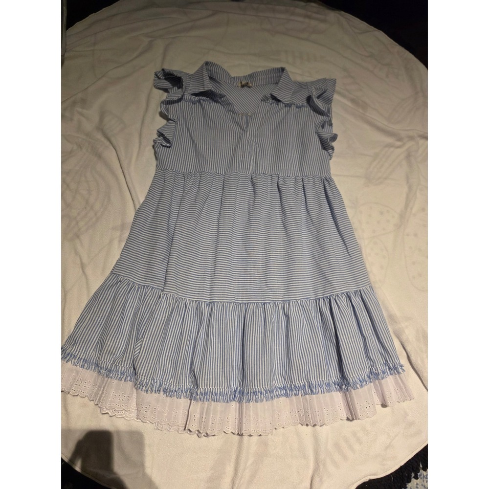 Umgee USA Blue White Striped Tiered Eyelet Lace Trim Ruffle Mini Dress Medium